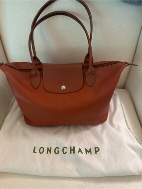 WEEKEND SALE! Vintage Longchamp Orange Leather Pliage Tote Bag and Dust Bag
